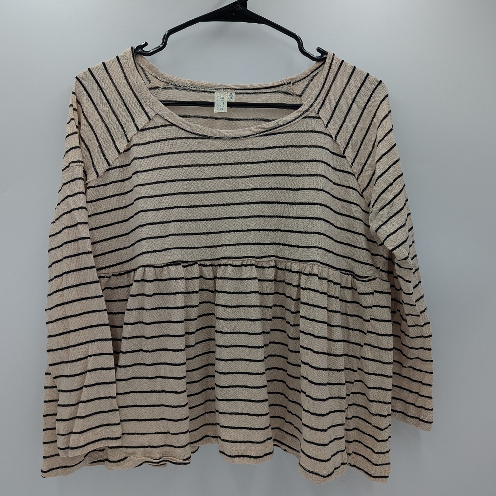 Hayden LA Striped Babydoll Raglan Boho Top Medium Knit Beige Hippie Chic